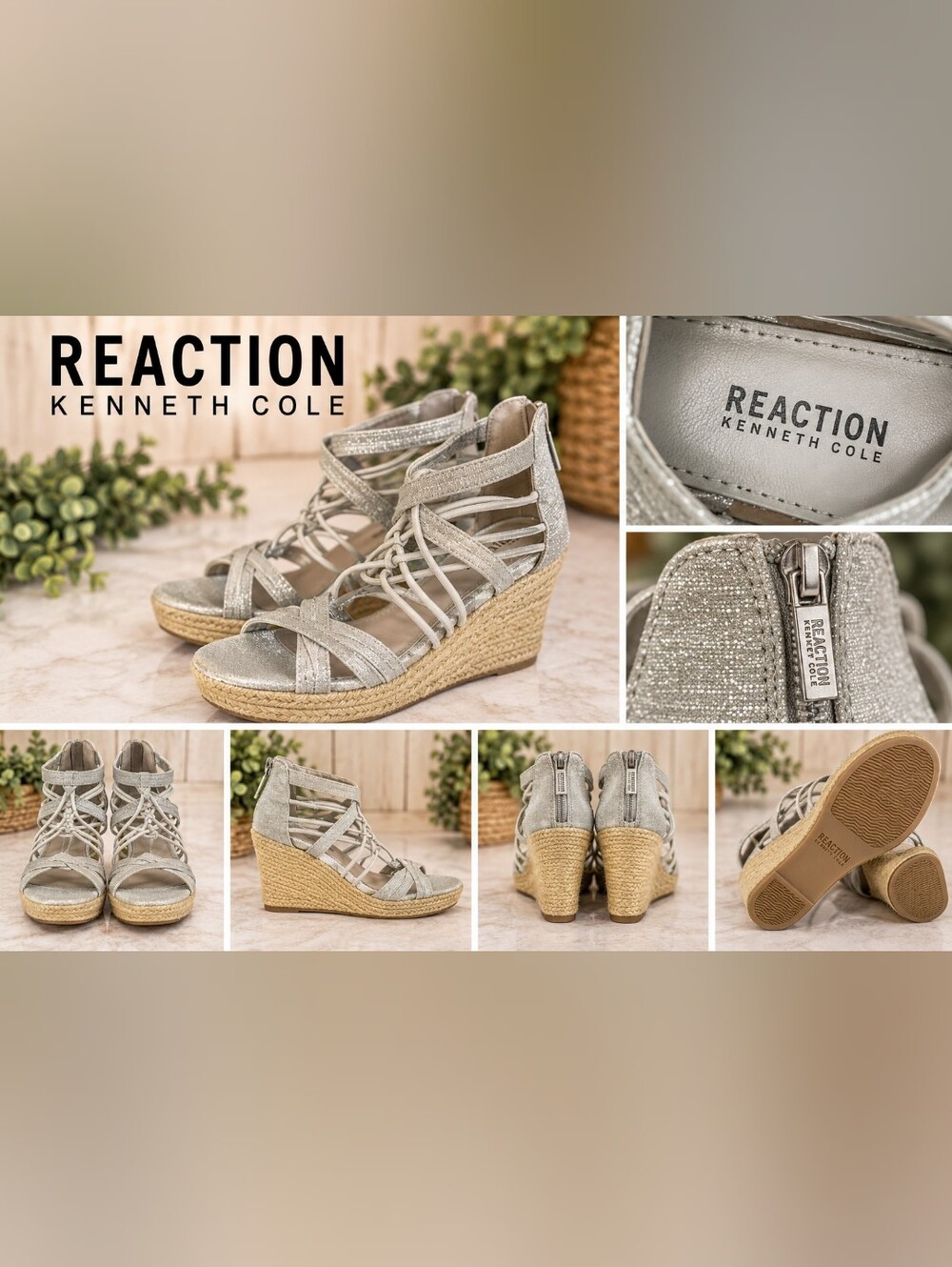 Kenneth Cole Reaction Silver Braided Espadrille Wedge Sandals